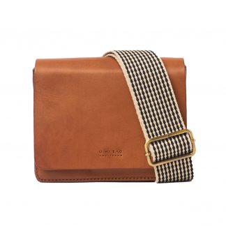 O My Bag Audrey Mini Classic Cognac Leather Checkered Webbing Strap