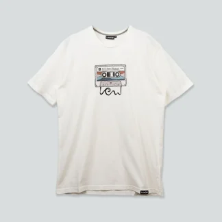 White short-sleeve T-shirt with a small illustrated cassette tape graphic on the chest.