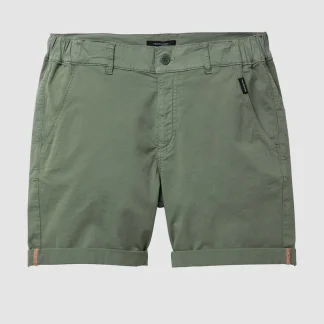 Olive green men's chino shorts with rolled cuffs and side pockets, front button closure and belt loops