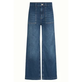 Blue denim wide-leg jeans with a high waist and front patch pockets, shown from the front.